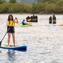a person riding paddle board on a body of water