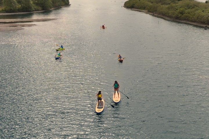 Six people in kayaks and on sups on the Columbia River