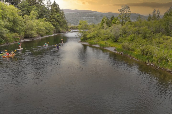 4 people in the distance paddling on the Columbia River